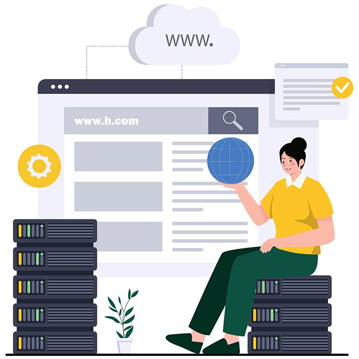 Illustration of woman sitting on web servers, holding a globe