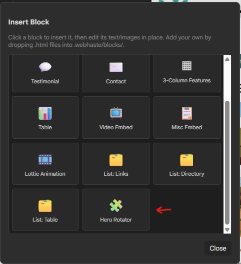 The Insert Block dialog with a custom Hero Rotator block, marked by a red arrow, after the built-in blocks