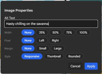 The Image Properties dialog with alt text, width, float, margin and style options