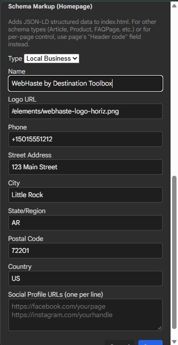 The Schema Markup section of Site Settings, set to Local Business, with name, logo, phone, address and social profile fields