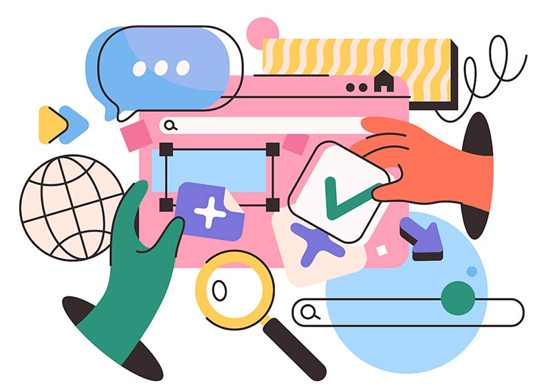 Illustration showing site search window, with user hands grabbing content from a website